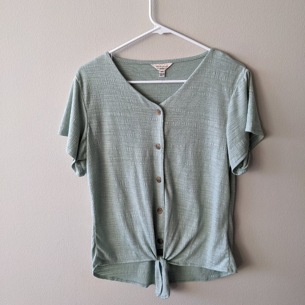 Weatherproof Vintage Green Textured Tie Front Button Down - Size Small